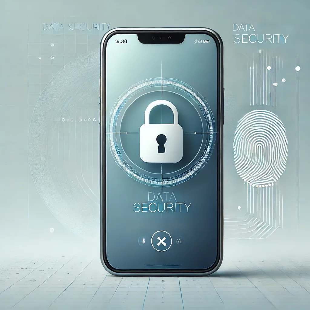 Phone displaying a lock, a floating fingerprint next to the phone.