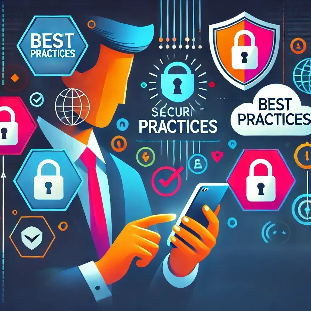 CoEin Bild einer Person, die ein Smartphone benutzt, umgeben von Symbolen wie einem Schloss, Schild und einer Wolke, die Sicherheit und Datenschutz darstellen.